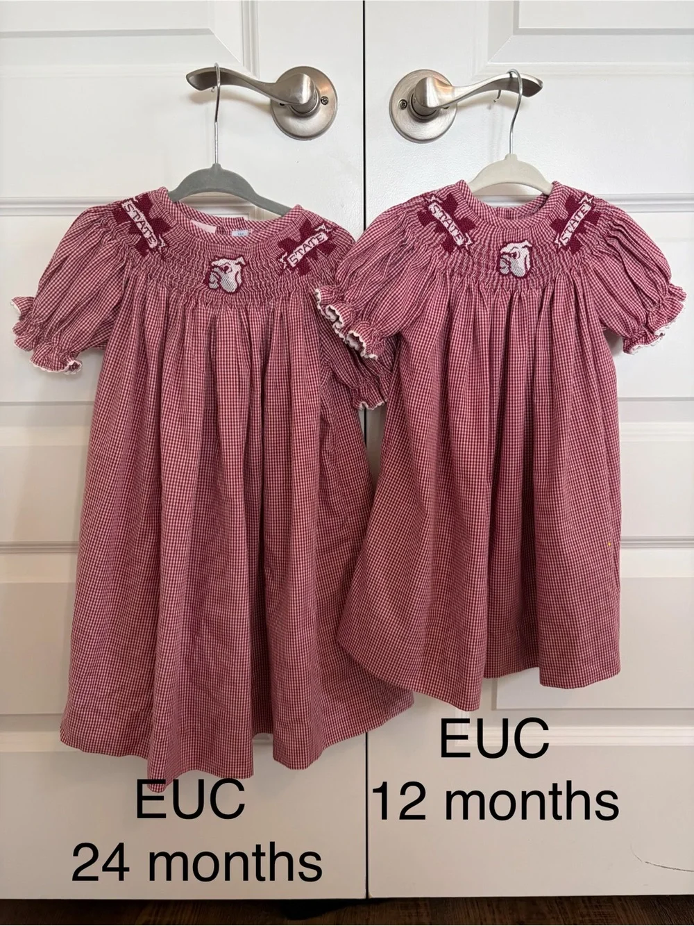 Girls Smocked Red Gingham Dress with Bulldog Detail